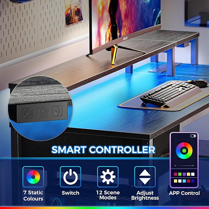SUPERJARE 53 inch Reversible L Shaped Desk with LED Lights & Power Outlets, Computer Desk with Shelves & Monitor Stand, Gaming Desk with Drawer, Home Office Desk Corner Desk, Grey