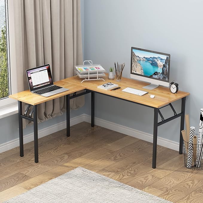 Need L Shaped Folding Desk, Reversible Computer Desk for Home Office, Large Foldable Gaming Desk Table Workstation, Teak and Black