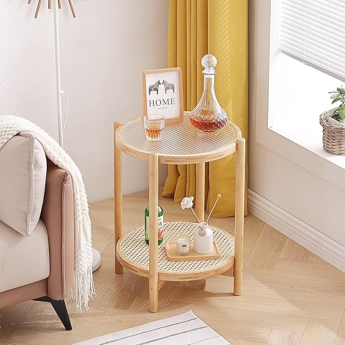 Tiita Rattan Coffee Table, Round End Table, 19.7Inch Modern Side Table, Small Bamboo Living Room Side Table, Glass Sofa End Table for Balcony and Office Outdoor/Indoor (Wood)