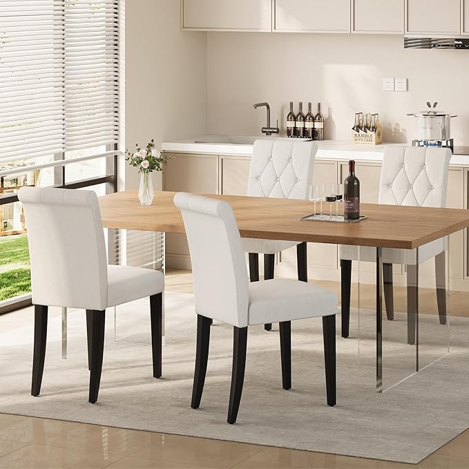 Upholstered Dining Chairs Set of 2, Modern Button Tufted Parsons Design with Solid Wood Legs, Soft Fabric Side Chairs Comfortable & Stylish, White