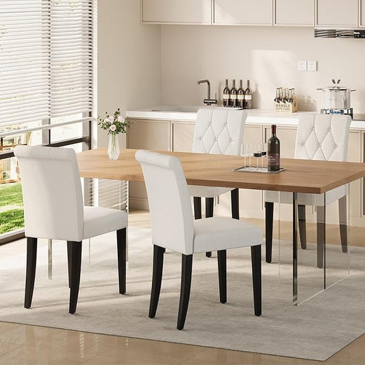 Upholstered Dining Chairs Set of 4, Button Tufted Parsons Dining Chair with Solid Wood Legs, Modern Fabric Side Chair for Hotel/Dining Room/Kitchen/Restaurant- White