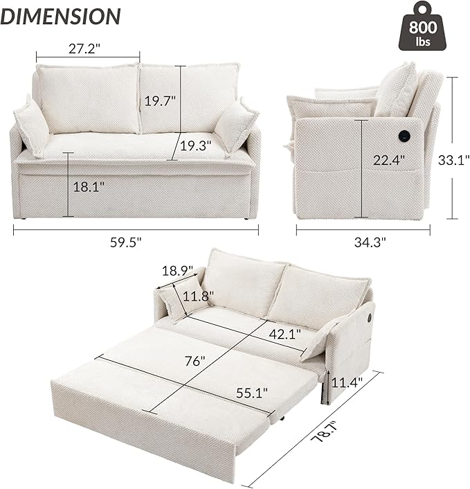 Furnimart 59.5" Queen Size Pull Out Sofa Bed, 3 in 1 Convertible Sleeper Bed with USB/C-Type Charging Ports & Side Pockets, Modern Futon Couch for Living Room, Apartment, RV, Corduroy White
