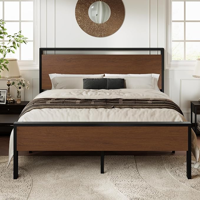 Allewie Full Size Platform Bed Frame with Wooden Headboard and Footboard, Heavy Duty 12 Metal Slats Support, No Box Spring Needed, Under-Bed Storage, Noise Free, Easy Assembly, Walnut