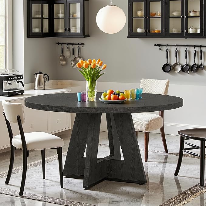 47" Round Dining Table for 4-6, Modern Dinner Table Farmhouse Round Small Kitchen Tables with Wooden Cross Base for Dining Room, Kitchen, Living Room, Black