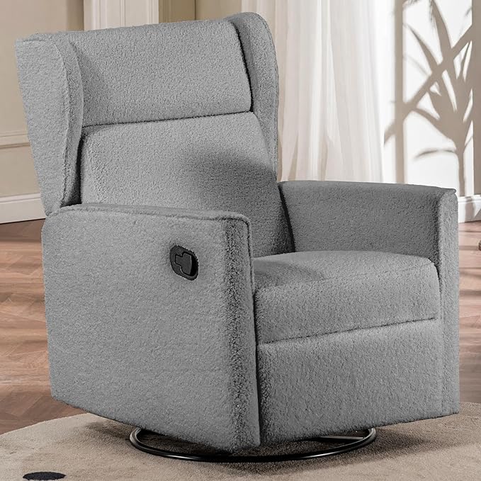 COMHOMA Nursery Rocking Chair Teddy Upholstered Swivel Rocker Recliner Manual Glider Reclining Chair for Living Room Bedroom Offices (Grey, 1 PCS)