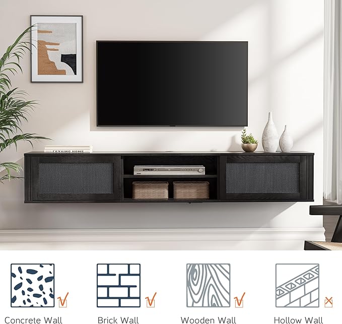 WAMPAT 70" Floating TV Stand with Power Outlet, 2-Tier Wood Media Console Entertainment Center with 2 Rattan Doors, Modern Wall Mounted TV Shelf Cabinet for Under TV, Living Room, Bedroom, Black