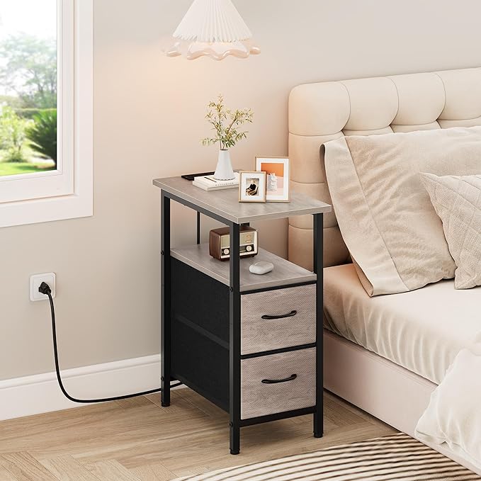 Vagusicc End Table with Charging Station, Narrow Side Table, 23.8'' Tall Nightstand with 2 Fabric Drawers, Small Sofa Side Table Narrow Nightstand for Small Spaces, Living Room, Bedroom, Rustic Grey