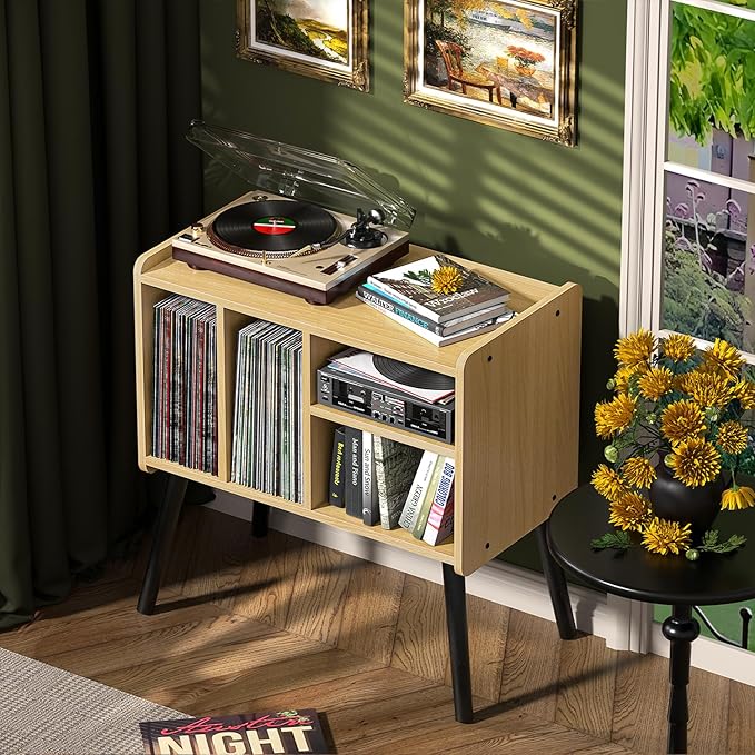 Record Player Table, Mid-Century Record Player Stand with Vinyl Storage Hold Up to 150+ Albums, Vinyl Record Cabinet with Adjustable Shelves, Wood Turntable Stand for Music Living Room (Walnut)