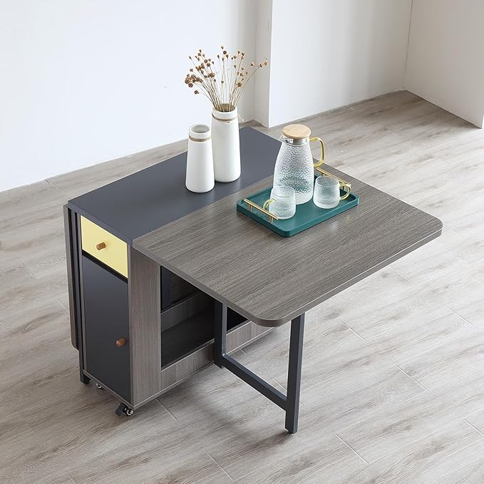 Folding Dining Table Set for 4, Foldable Kitchen Dinner Table and 2 Chairs Set, Extendable Space Saving Drop Leaf Table with Wheels and Storage