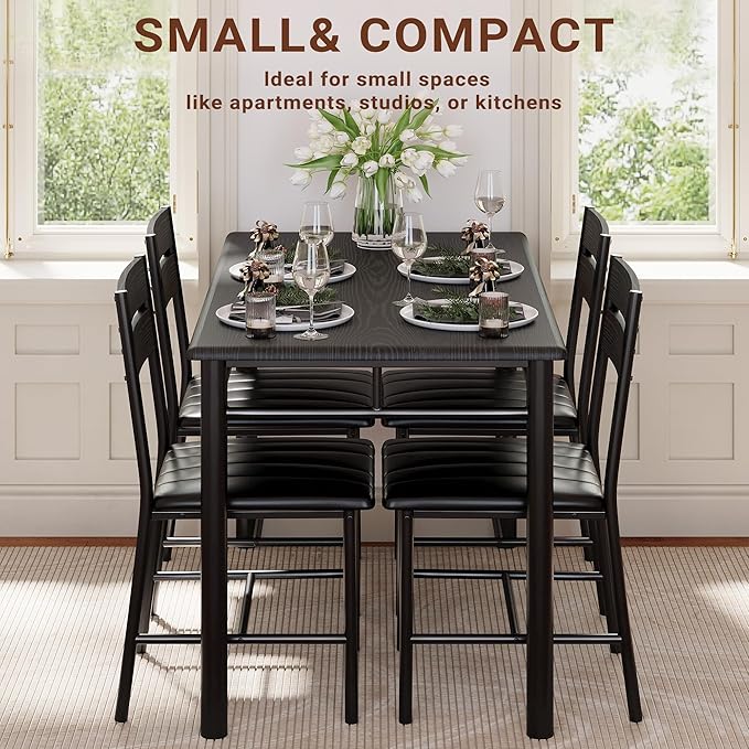 IRONCK Dining Table Set for 4, Wood Kitchen Table with Upholstered Chairs for Kitchen & Dining Room, Compact Dining Set for Small Spaces, Black