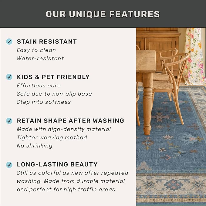 Blue Big Rugs for Living Room - Dusty Blue 10 x 14 Area Rug for Large Bedroom, Dining Room, Washable Lightweight Low Pile Foldable Eclectic Modern Floral Home Décor