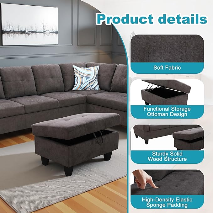 Couches for Living Room Modern L Shaped Couch Comfy Fluffy Fabric 3 Pieces Sectional Sofa with Chaise, Ottoman with Storage for Office and Small Apartment, Dark Brown