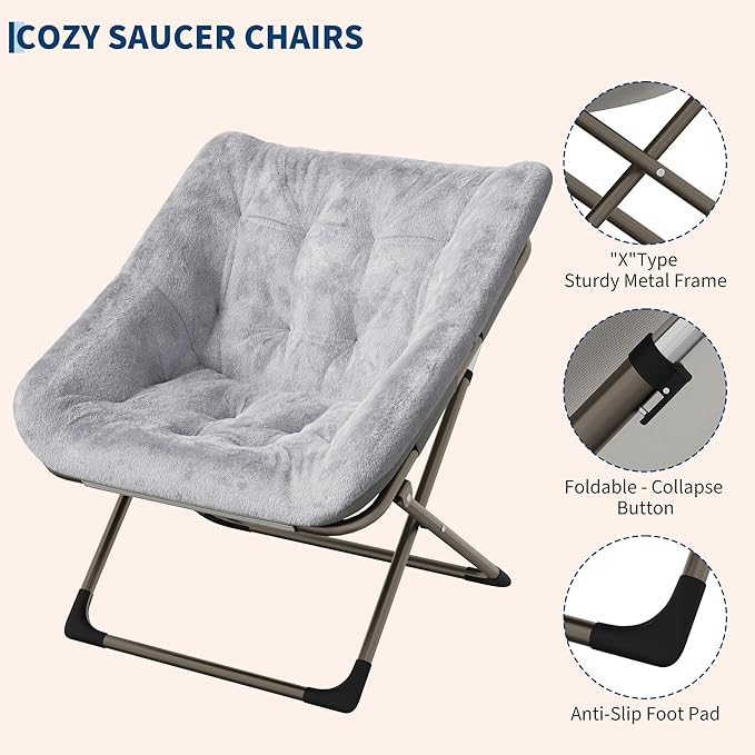 Comfy Chair for Adults, Foldable Living Room Chairs, Soft Faux Fur Folding Lounge for Bedroom Living Room Dorm Rooms, Flexible Reading Chair for Teens (1, Gray, X-Large)