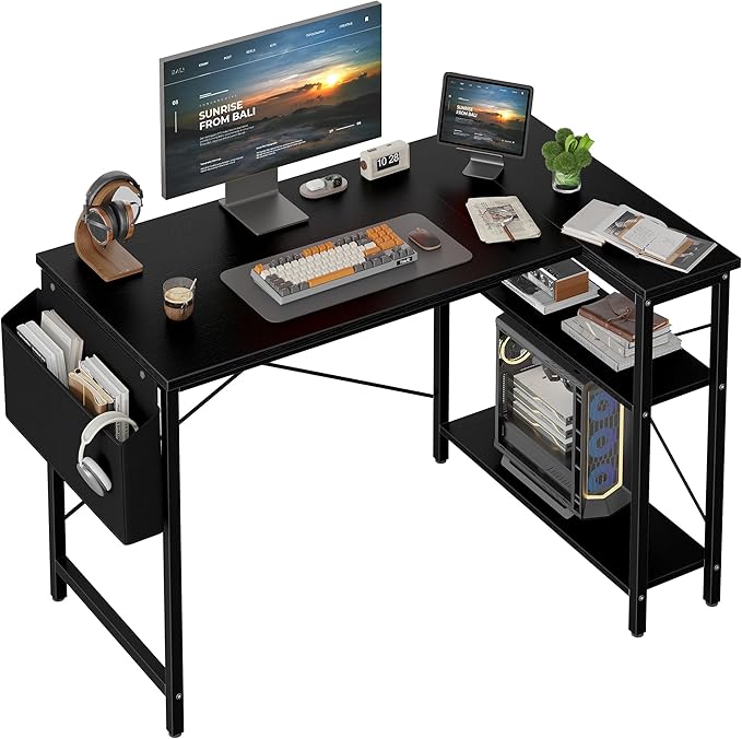 L Shaped Computer Desk with Reversible Shelves, 47 Inch Small Corner Desk with Storage Bag, Gaming Desk Computer Table Study Writing Table for Home Office Bedroom Small Space, Black