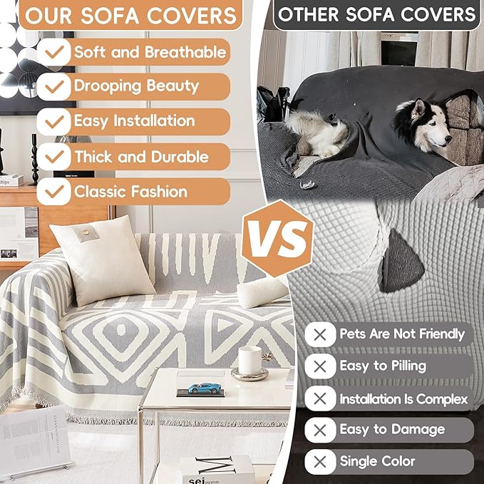 STACYPIK Boho Geometric Couch Cover for Dogs, Soft Chenille Gray Sofa Cover for 2 Cushion Couch, Non-Silp Loveseat Cover for Sectional, Washable Anti-Scratch Pet Furniture Protector Decor-71X118IN