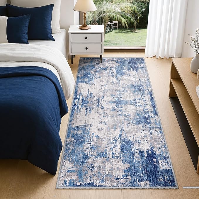 Washable Area Rugs 2'x8' Non-Slip Modern Abstract Soft for Living Room Entryway Bedroom Nursery, Print Pattern, Blue Grey Navy Gray