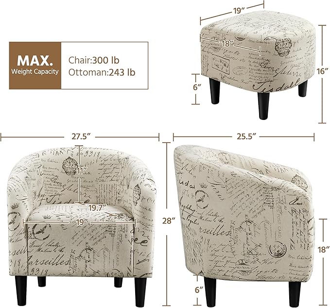 Yaheetech Modren Club Chair with Ottoman, Fabric Accent Armchair with Footstool, Upholstered Barrel Chair and Footrest for Living Room Bedroom Guestroom, Letter Print
