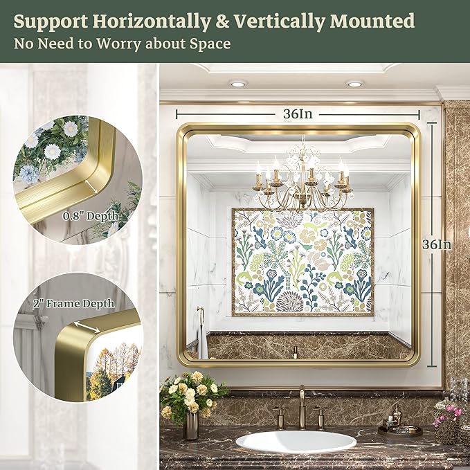 TokeShimi 36x36 Inch Gold Bathroom Vanity Mirror for Wall Rectangle Mirror with Non-Rusting Aluminum Alloy Brushed Matte Metal Frame for Modern Farmhouse Home Decor (Horizontal/Vertical)