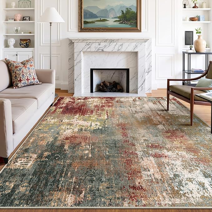 Washable Area Rugs 9'x12' Non-Slip Modern Abstract Soft for Living Room Entryway Bedroom Nursery, Print Pattern, Brown Rust Red Multi