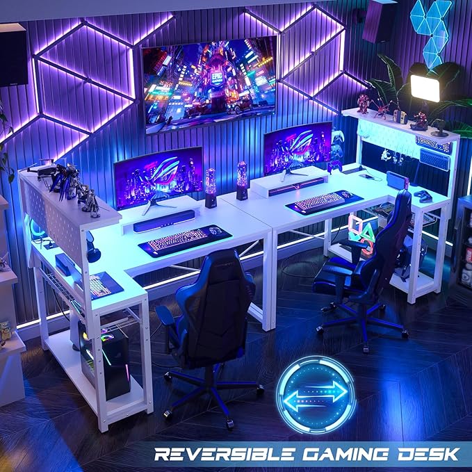 Homieasy Small Gaming Desk with Power Outlets Pegboard LED Light, 43 Inch L Shaped Computer Desk with Monitor Stand Storage Shelves, Reversible Corner Desk with Headset Hooks, White
