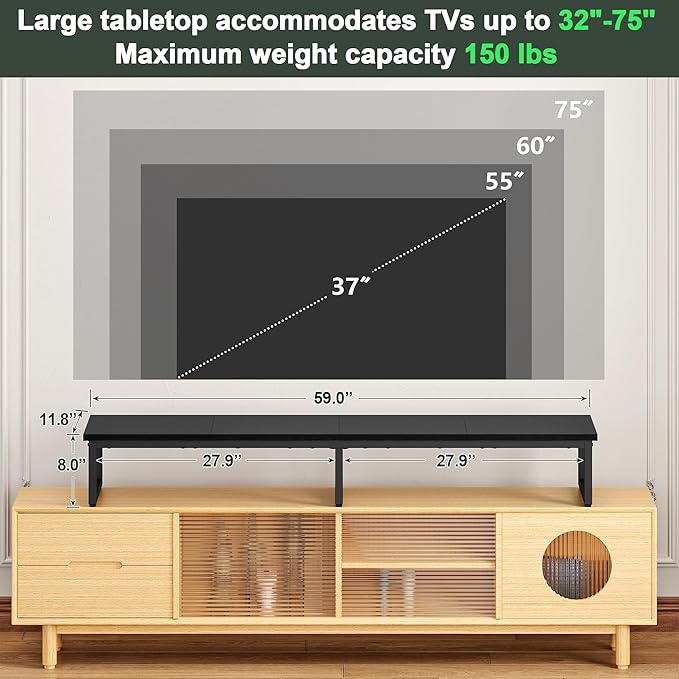 Clikuutory 59" Large TV Riser for 32-75 inch TVs, Tabletop Stand with Steel Legs, Storage & Dual - Screen Office Desk Function, Ideal for Home Office, Bedroom, Living Room, Black