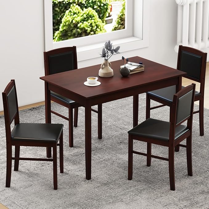 Giantex 5-Piece Dining Table Set for 4 - Breakfast Nook Table Set with Kitchen Table, 4 Upholstered Chairs, Wood Legs, Space-Saving Dinette Set, Kitchen Table Chairs Set of 4 (Cherry Brown)