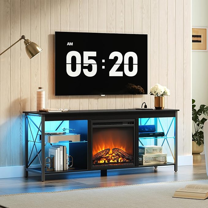 HOOBRO Fireplace TV Stand with Charging Station and LED Lights, TV Stand with Fireplace for TVs up to 65", Entertainment Center with Fireplace, Glass Shelves, Black BB140UDDS01