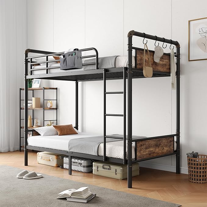 Metal Bunk Bed Twin Over Twin, Industrial Bunkbeds Heavy Duty Bed with Safety Guard Rails and Space-Saving Design, Steel Bed for School, Bedroom (Vintage Brown)