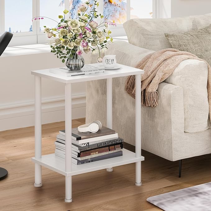 End Table,Small Side Table,2-Tier Nightstand with Storage Shelf,Sofa Bedside Table for Small Spaces in Living Room,Bedroom, Office,Stable Frame,Easy Assembly,White