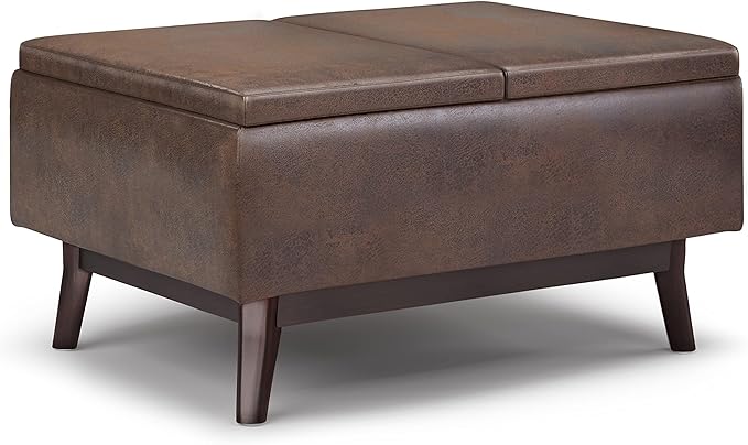 SIMPLIHOME Owen 34 inch Wide Mid Century Modern Rectangle Coffee Table Storage Ottoman Distressed Chestnut Brown/Flip Over Tray top