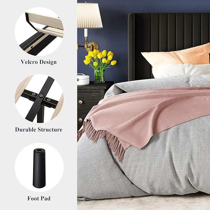 Allewie King Size Velvet Bed Frame/Vertical Channel Tufted Wingback Headboard/Upholstered Platform Bed/Strong Wooden Slats/No Box Spring Needed/Easy Assembly/Black