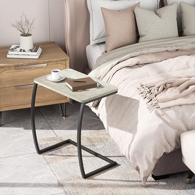 SRIWATANA Side Table, End Table, Vintage C-Shaped Couch Table for Sofa Laptop Coffee Snack, Light Grey