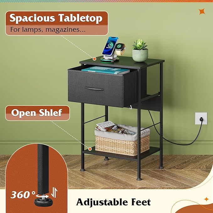 WLIVE Night Stand with Charger Station, Small Nightstand with 1 Fabric Drawer and Open Wood Shelf, 25" H Bedside Table for Bedroom, 2-Tier Storage Side Table for Dorm, Entryway, Black