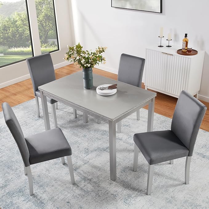KEIKI 5-Piece Standard Height Dining Table Set with Rectangular Table and 4 Upholstered Chair, for 4 Person, Crystal Decoration Wooden Table Set, Easy Assembly, for Kitchen, Dining Room, Silver Grey