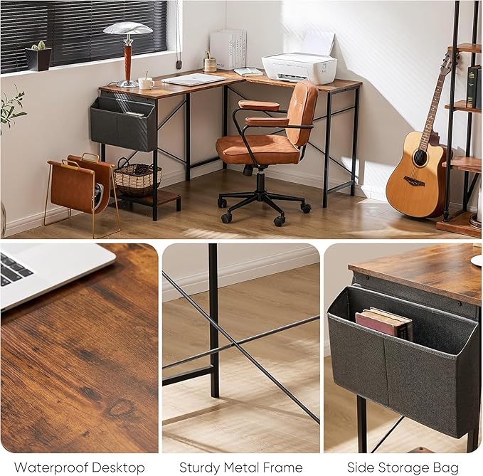 Whitmor L Shaped Gaming Desk - 50 Inch Reversible Corner Computer Desk with Wood Top, Metal Frame, CPU Stand & Side Bag, Home Office Dorm Sturdy Writing Workstation, Brown