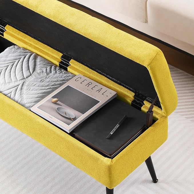 CUYOCA Storage Ottoman Bench, 43.5" Upholstered Entryway Bench, Long Ottoman with Storage for Living Room, Support 660lbs - Fabric Canary