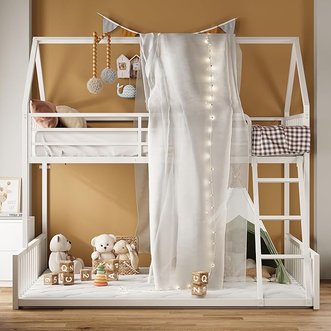 LIKIMIO Bunk Bed Twin Over Full Size, House Bunk Bed Frame with Ladder and Guardrail, House Shaped with Metal Slats Support No Box Spring Needed Space Saving for Bedroom and Dorm, White