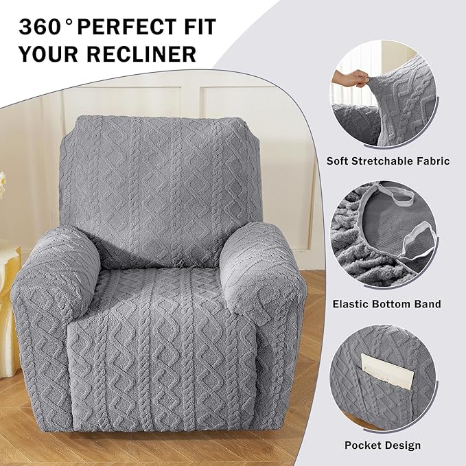 vctops 4 Pieces Geometric Jacquard Plush Recliner Slipcovers Soft Fuzzy Fluffy Sofa Couch Cover Anti-Slip Furniture Protector with Elastic Bottom for Kids Cats Dogs(Grey,1 Seat)