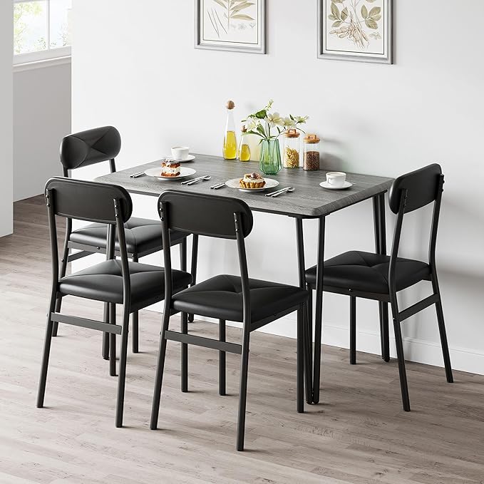 IDEALHOUSE Dining Table Set for 4, Kitchen Table with Upholstered Chairs for Kitchen Room and Small Spaces (Grey, Table with 4 Upholstered Chairs)
