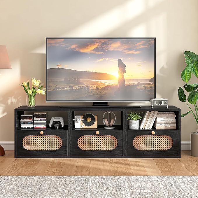 3-in-1 Modular TV Stand with Rattan Doors, DIY Media Console Boho Entertainment Center Modern TV Cabinet with Open Shelves,Black