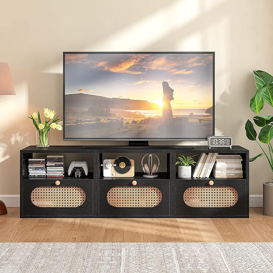 3-in-1 Modular TV Stand with Rattan Doors, DIY Media Console Boho Entertainment Center Modern TV Cabinet with Open Shelves,Black