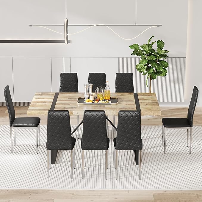 JT Modern Minimalist Dining Chair Fireproof Leather Sprayed Metal Pipe Diamond Grid Pattern Restaurant Home Conference Chair Set of 4 Or 6 (8, Black)
