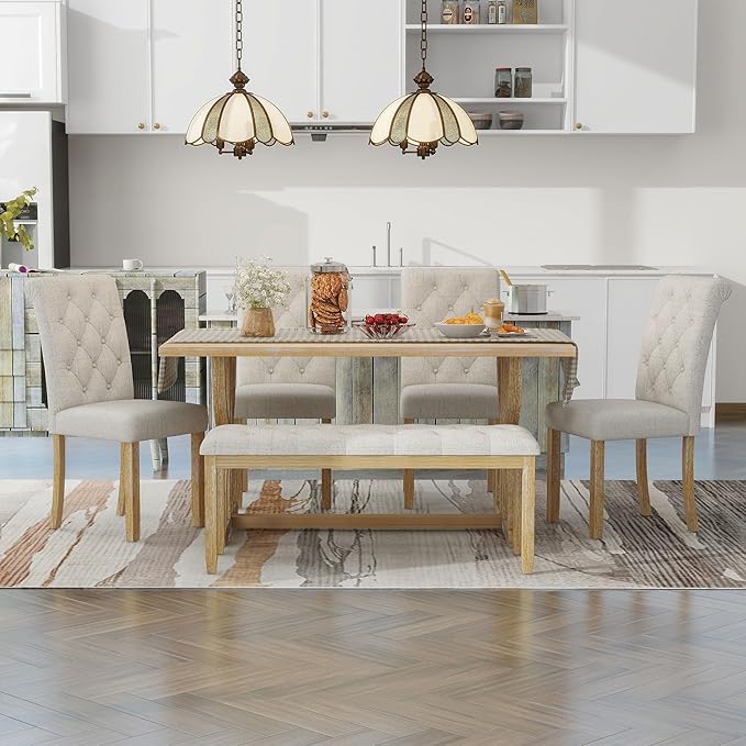 Ball & Cast 6-Piece Dining Table Set, 60" Rectangular Dining Table with 4 Upholstered Chairs & 1 Bench for Dining Room and Kitchen Natural Wood Wash
