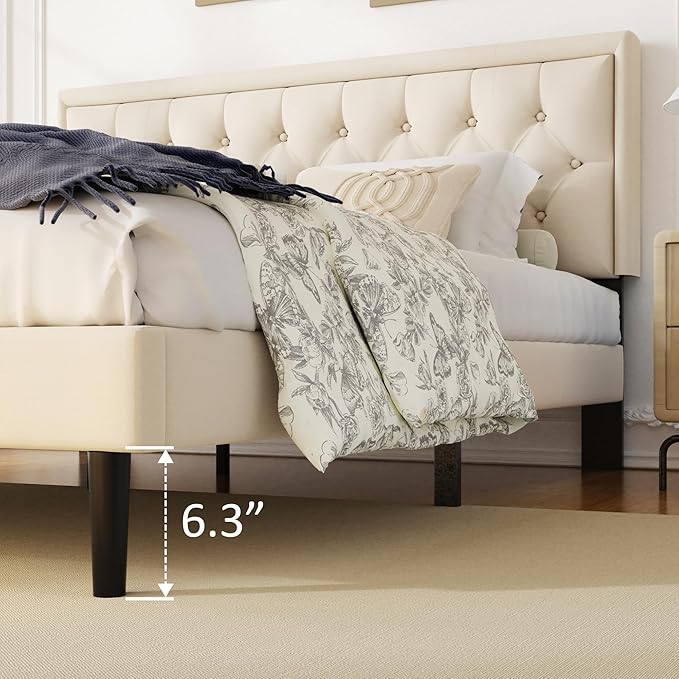 King Size Platform Bed Frame with Upholstered Velvet Button Tufted Headboard, Mattress Foundation with Wooden Slat Support, No Box Spring Needed, Easy Assembly, Noise Free, Beige
