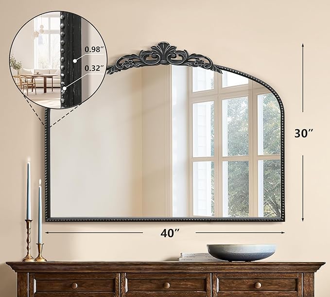 Micasso Black Large Vintage Mirror, 40"x 30" French Baroque Antique Arched Wall Mounted Mirror Decorative Ornate Entryway Mirror for Wall Decor, Living Room, Hallway