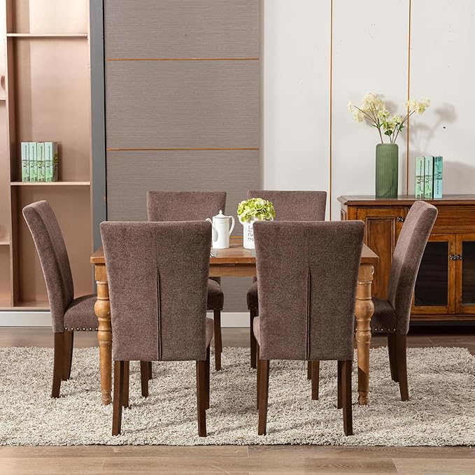 COLAMY Upholstered Parsons Dining Chairs Set of 4, Fabric Dining Room Kitchen Side Chair with Nailhead Trim and Wood Legs - Brown