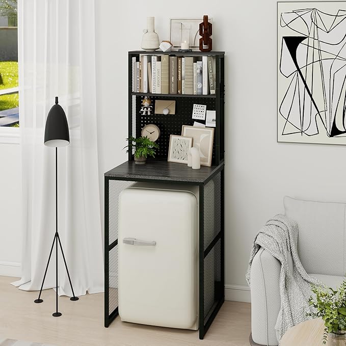 Mini Fridge Stand Shelf with Storage, Bakers Rack Coffee Bar Table Microwave Oven Stand with Mini Fridge Space for Home Kitchen Dorm, Slate Grey