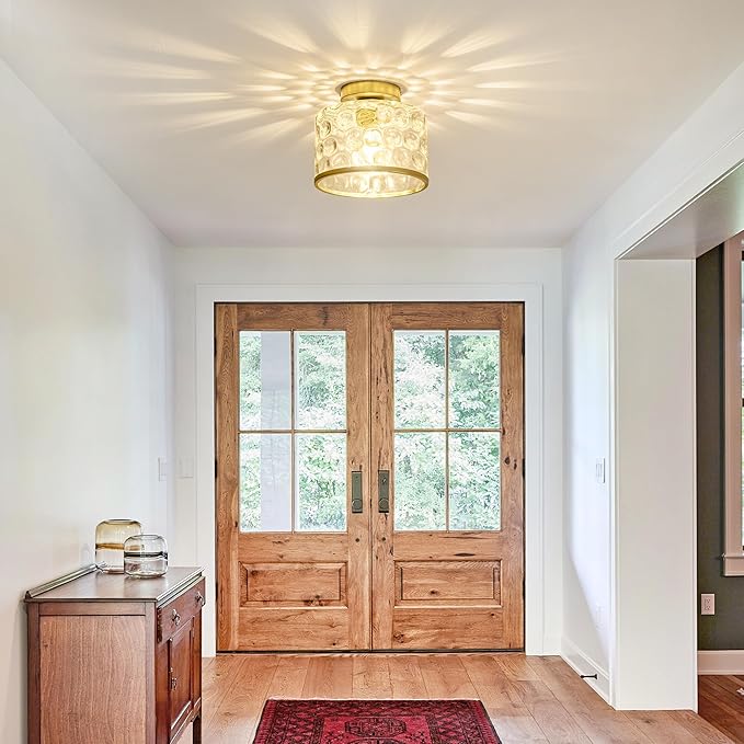 Gold Flush Mount Ceiling Light with Clear Hammered Glass lampshade, Farmhouse Ceiling Lights Fixture in Satin Brass for Kitchen Bathroom, Bulb not Included