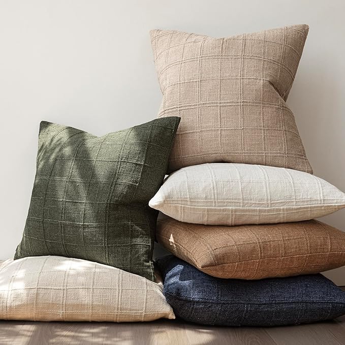 Foindtower Set of 2 Decorative Linen Check Throw Pillow Covers Neutral Farmhouse Vintage Cushion Covers Modern Coastal Boho Home Decor For Sofa Chair Couch Bedroom Living Room Outdoor,16×16 Inch,Camel