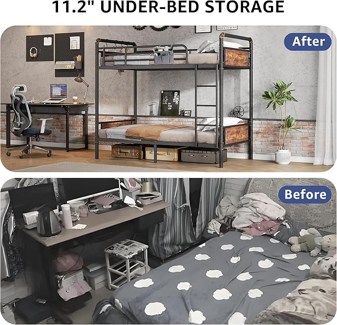 Metal Bunk Bed Twin Over Twin, Industrial Bunkbeds Heavy Duty Bed with Safety Guard Rails and Space-Saving Design, Steel Bed for School, Bedroom (Vintage Brown)